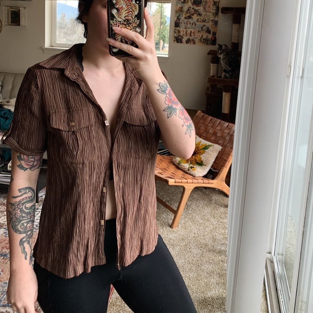 brown striped button up shirt